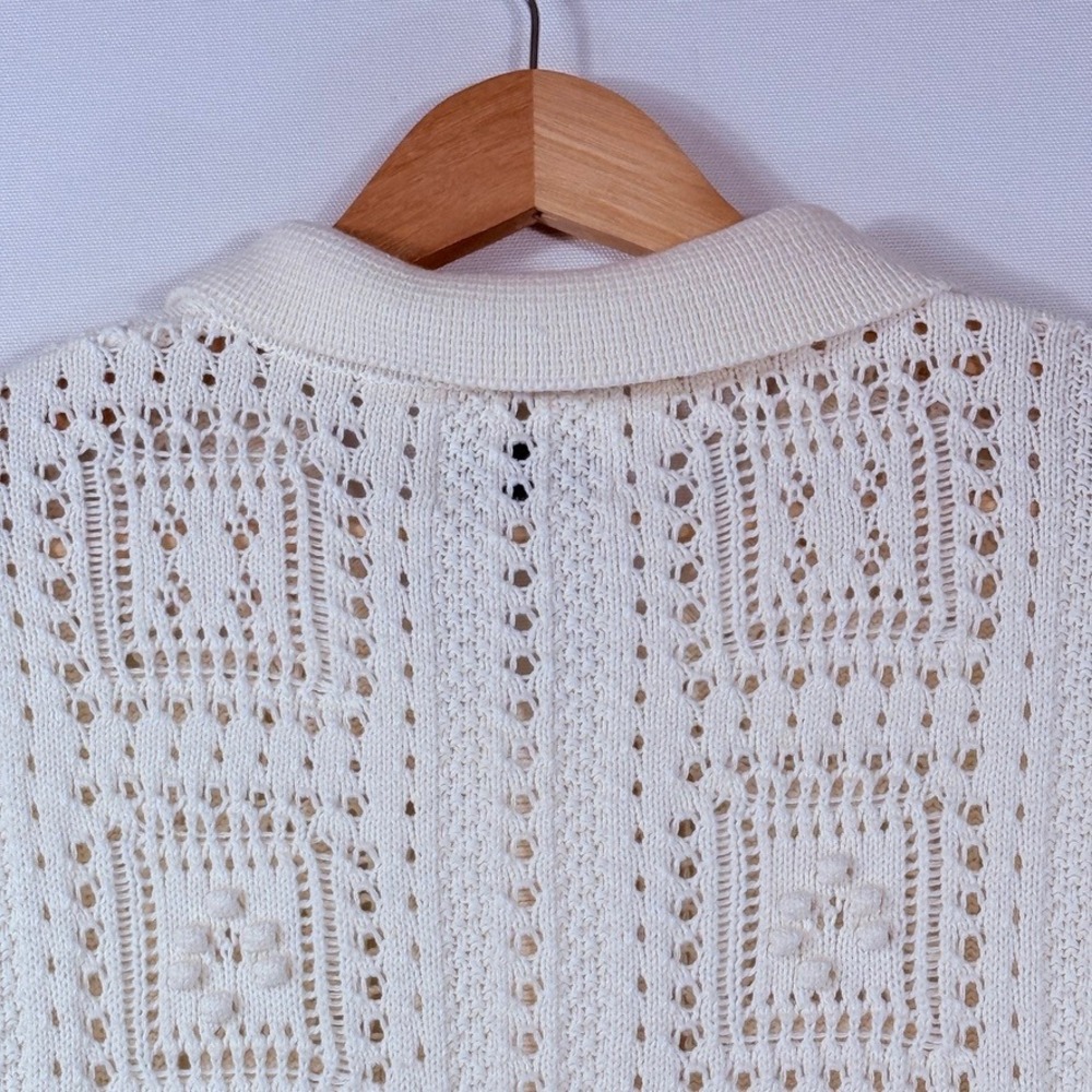 Old Navy Crochet Polo Sweater Women XL Cream Grandpacore Coastal Bowling Cottage - Picture 4 of 9